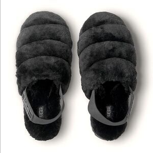 NWT! UGG (for Victoria’s Secret) Black Fluffer Slides/Slippers. Size 9.